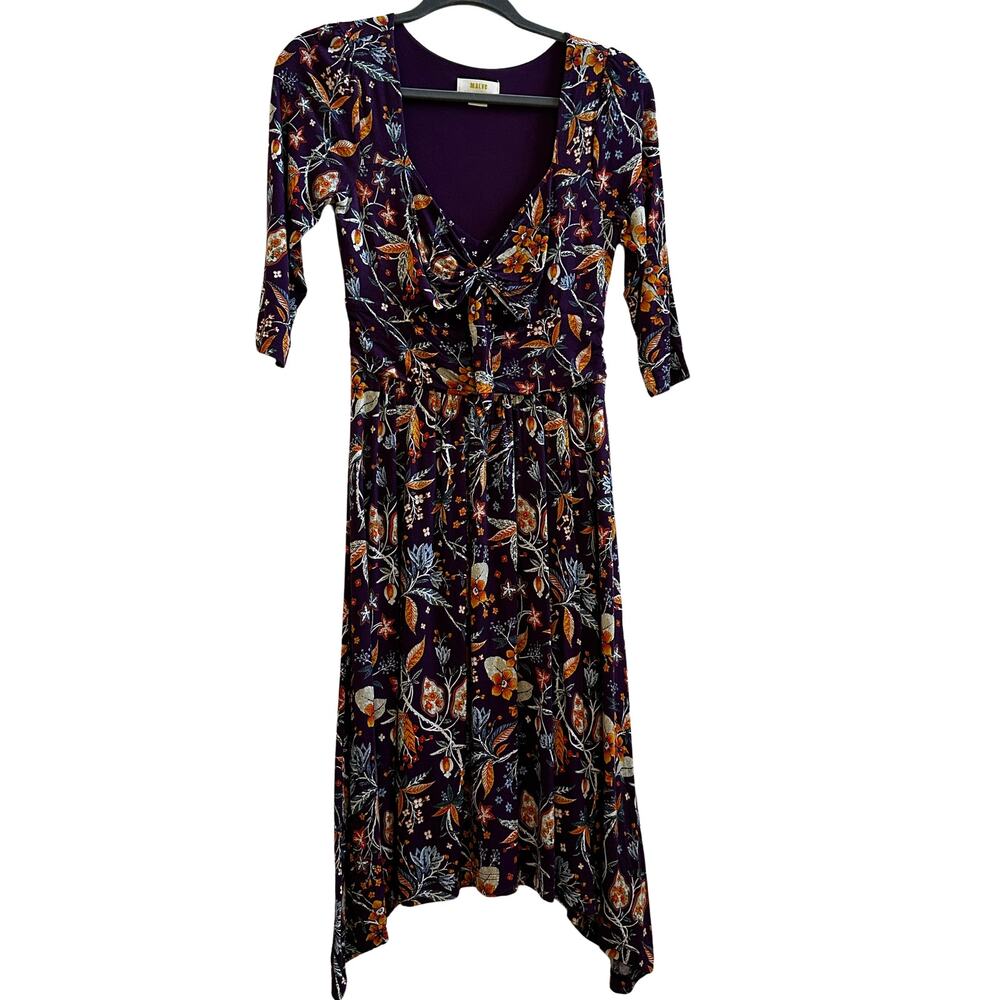 Maeve Anthropologie Purple Floral Midi Dress Sharkbite Hem Small